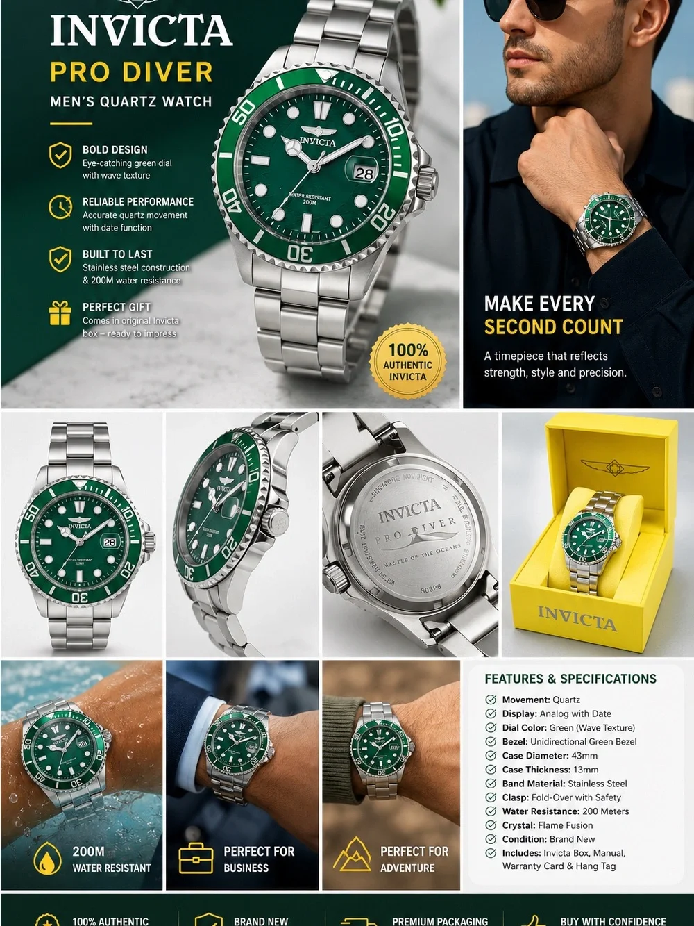 Invicta Men's Stainless Steel Watch with Green Dial and Bezel